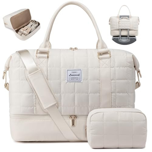 LOVEVOOK Travel Duffel Bag - Versatile Weekender Bag for Women, Puffer Carry On & Overnight Bag for Short Trips, Beige | Amazon (US)