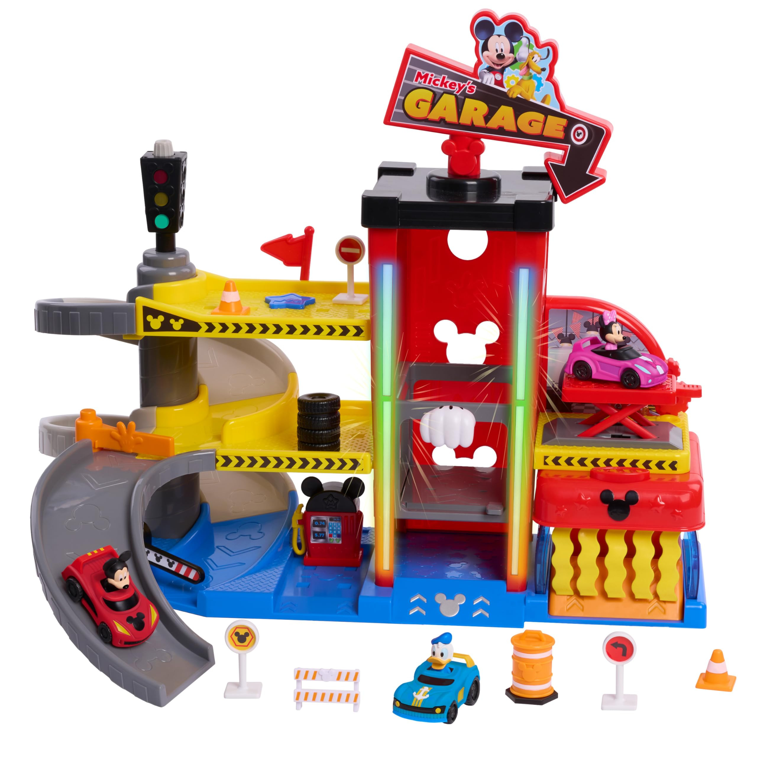 Disney Junior Mickey Mouse Ready to Race Toy Car Garage, Lights and Sounds, 20-piece Vehicle Play... | Amazon (US)
