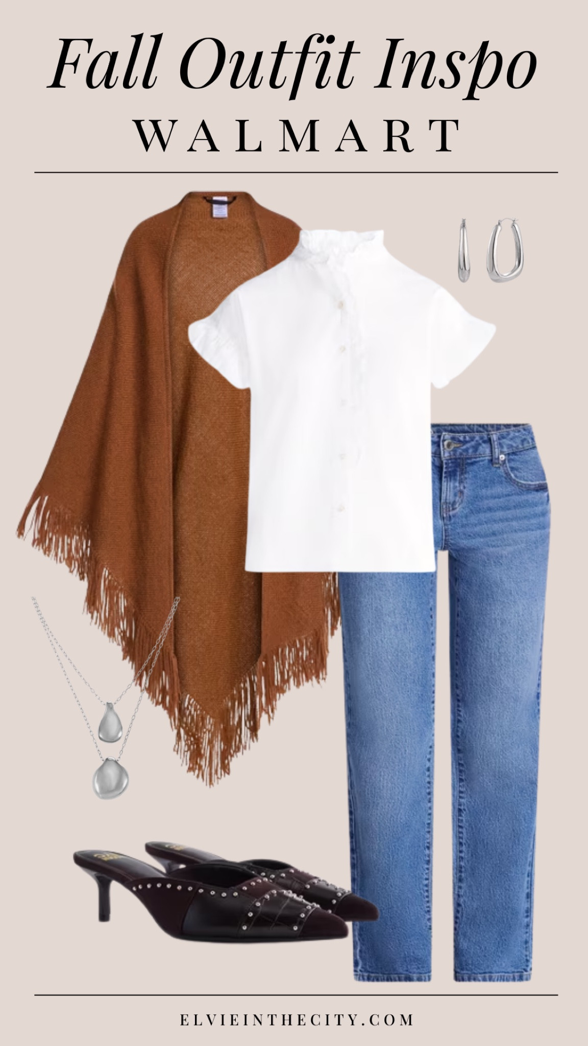 This fall outfit inspo includes a white blouse paired with straight leg jeans and a brown shawl, studded heels, a silver necklace and silver earrings. 

Walmart finds, petite fashion, midlife women, affordable fashion, fashion over 40, over 50 style

#LTKootd #LTKPetite