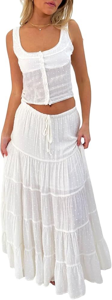 Women 2 Piece Maxi Skirt Set Y2k Button Down Crop Tank Top Flowy Long Skirt Set Summer Going Out ... | Amazon (US)