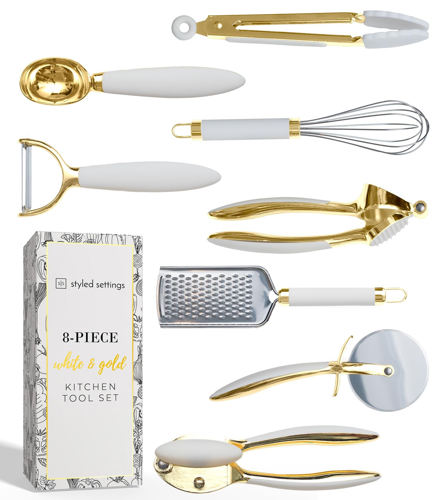 White & Gold Cooking Utensils Set - Luxe 8-Piece Kitchen Gadget Set Includes Can Opener, Tongs an... | Amazon (US)