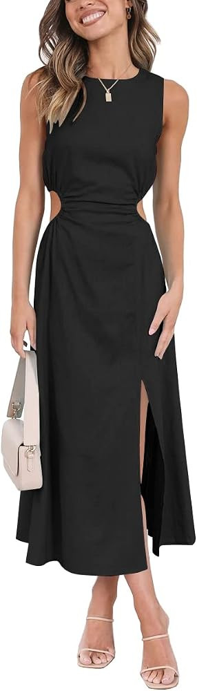 LILLUSORY Womens Cutout Split Linen Cotton Sleeveless Slit Maxi Dress | Amazon (US)