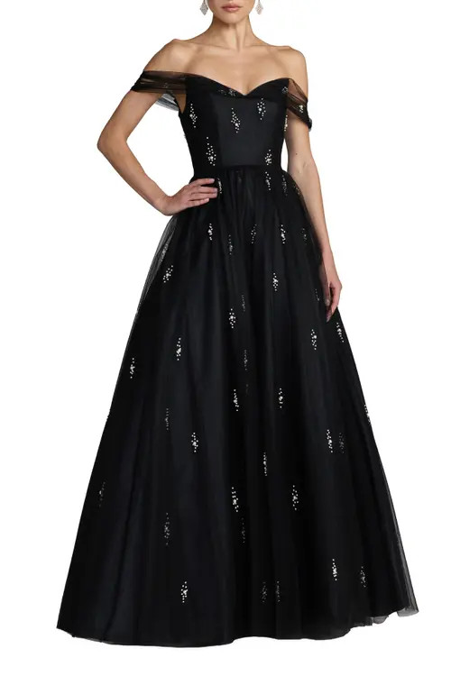Mac Duggal Pearl Embellished Off The Shoulder Ball Gown in Black at Nordstrom, Size 4 | Nordstrom
