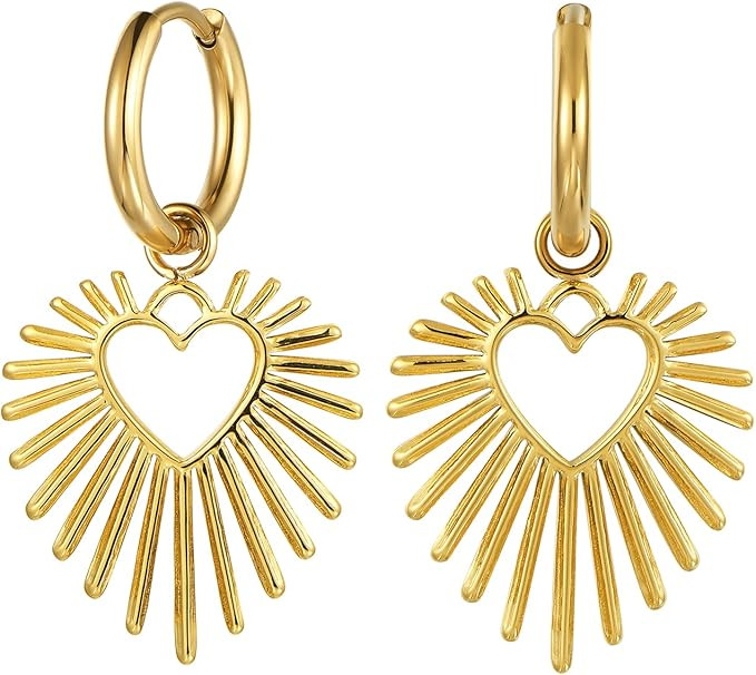 BUEMMR Thick 14K Gold Plated Heart Dangle Drop Earrings, Sparkling Dainty Earrings for Women Gift | Amazon (US)