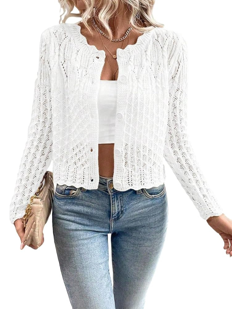 Urchics Womens Round Neck Tops Hollow Out Front Button Crew Neck Cardigan Knit Sweater Jacket | Amazon (US)