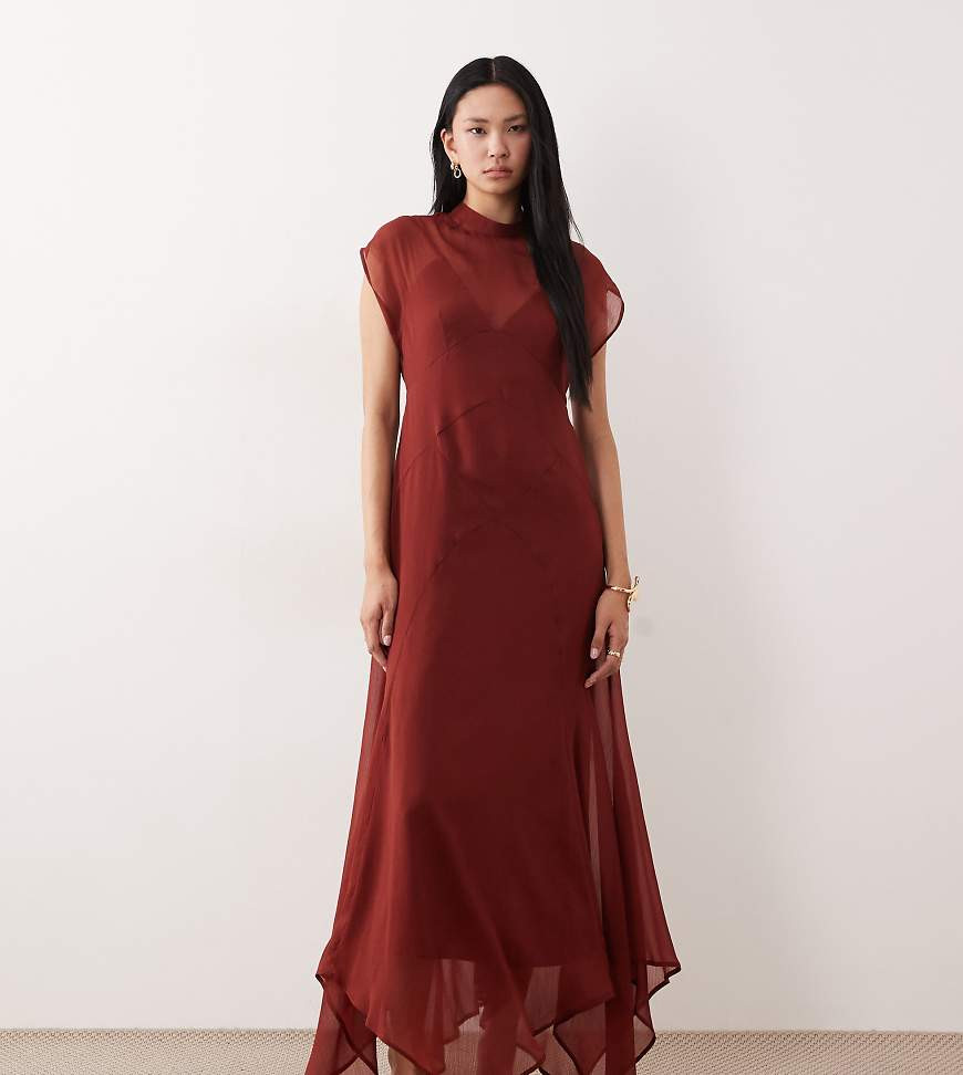 ASOS DESIGN Tall high neck hanky hem chiffon maxi dress in deep rust-Orange | ASOS (Global)