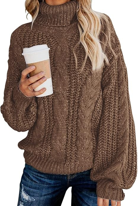 Fashionme Chic Ballon Sleeve Winter Turtleneck Chunky Sweater Slouchy Oversized Loose Pullover Ou... | Amazon (US)