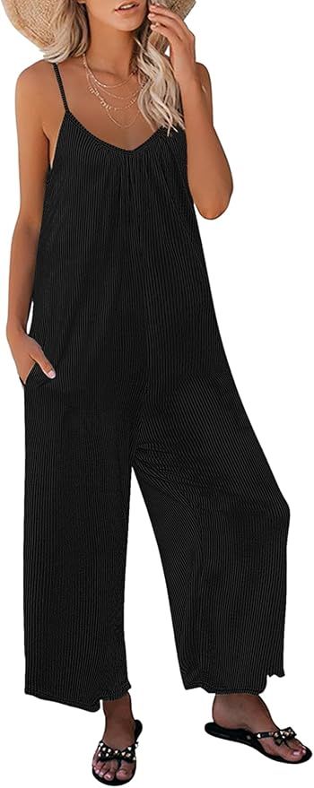 Ekouaer Women Sleeveless Jumpsuits Knit Ribbed Adjustable Spaghetti Strap Loose Long Pants Romper... | Amazon (US)