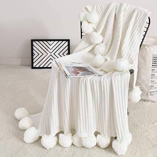 Fomoom Pom Pom Throw Blanket, Knit Throw Blanket with Pompom Tassels, Decorative Cotton Blanket f... | Amazon (US)