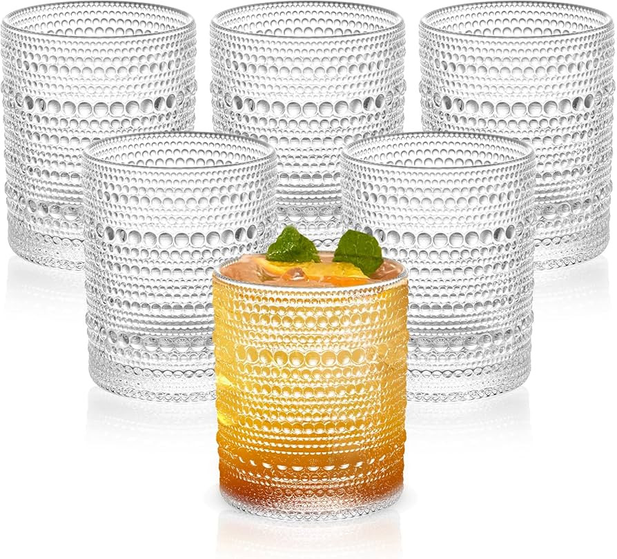 Vintage Dot-Pattern Drinking Glasses Set of 6 – 14.5 oz Clear Short Glass Cups – Embossed Tex... | Amazon (US)