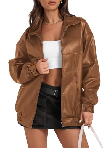 Yousify Womens Leather Jacket Long Sleeve Lapel Casual Fashion 2025 Fall Coat Oversized Biker Jacket with Pockets Light Brown S | Amazon (US)