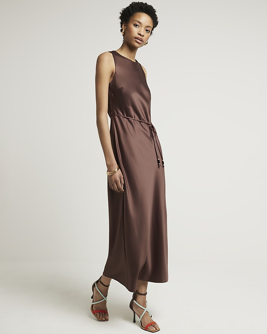 Brown Satin Belted Slip Maxi Dress | River Island (UK & IE)