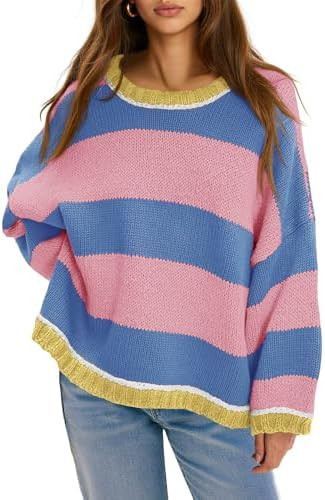 Fisoew Womens Oversized Sweaters Casual Long Sleeve Striped Color Block Crewneck Knitted Loose Fa... | Amazon (US)