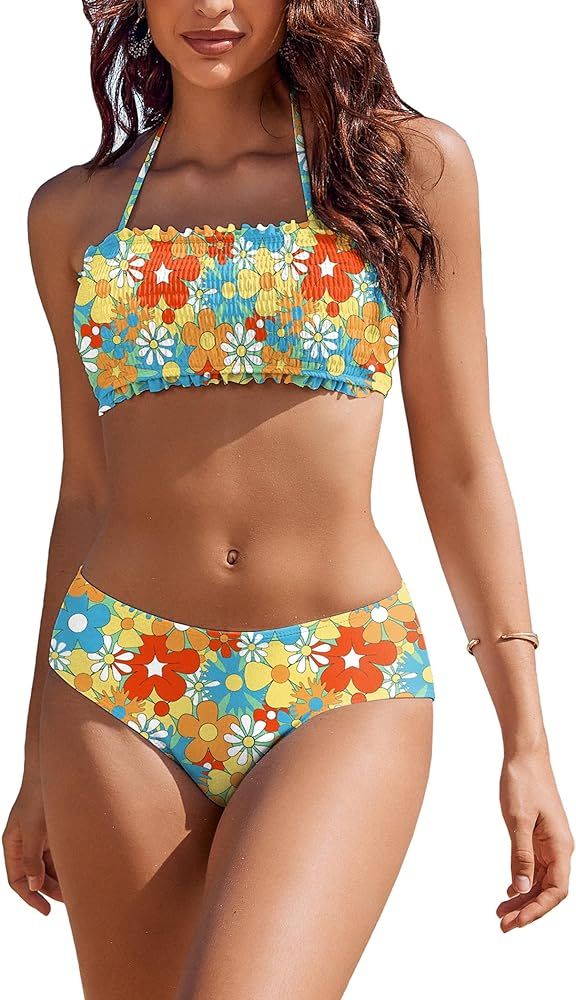 AI'MAGE Bikini Set for Women Two Piece Swimsuits 2024 Floral Bathing Suit Bandeau Swimswear with ... | Amazon (US)