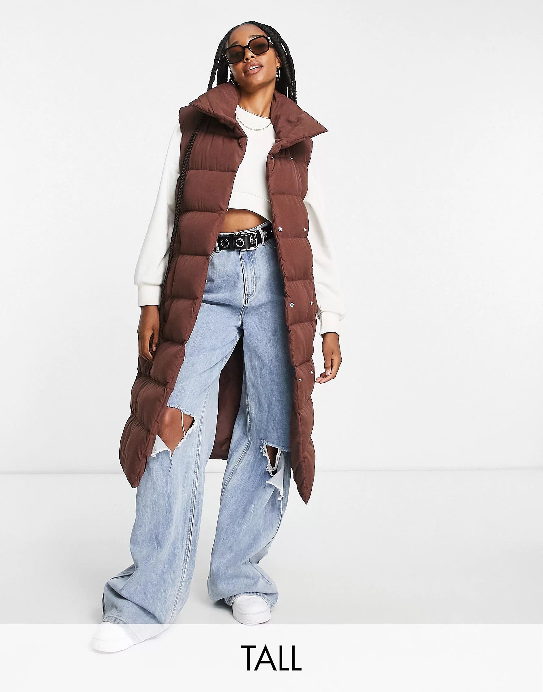 Threadbare Tall Reflex oversized longline padded vest with pockets in chocolate brown | ASOS (Global)
