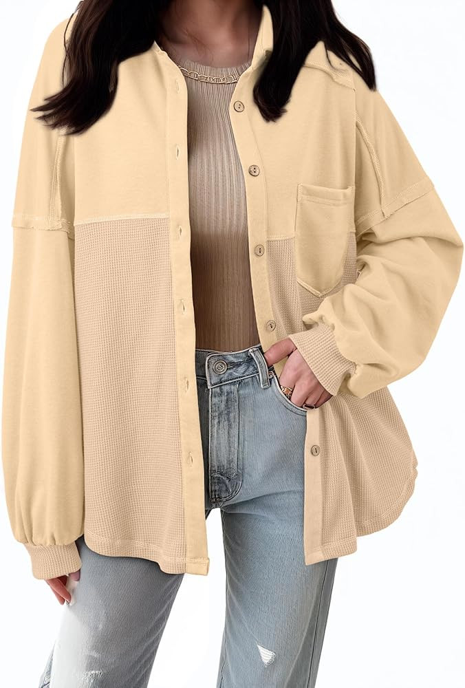 SHEWIN Womens Waffle Knit Shackets Fall Fashion Button Down Shirt Jacket Loose Long Sleeve Tops W... | Amazon (US)