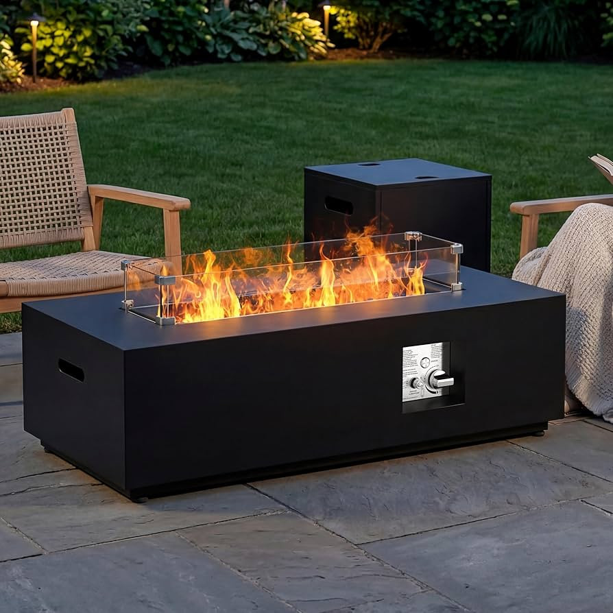 SUNPEAK 42" Rectangular Propane Fire Pit Table 50,000 BTU Fireplace Table with Wind Guard, Lid, R... | Amazon (US)