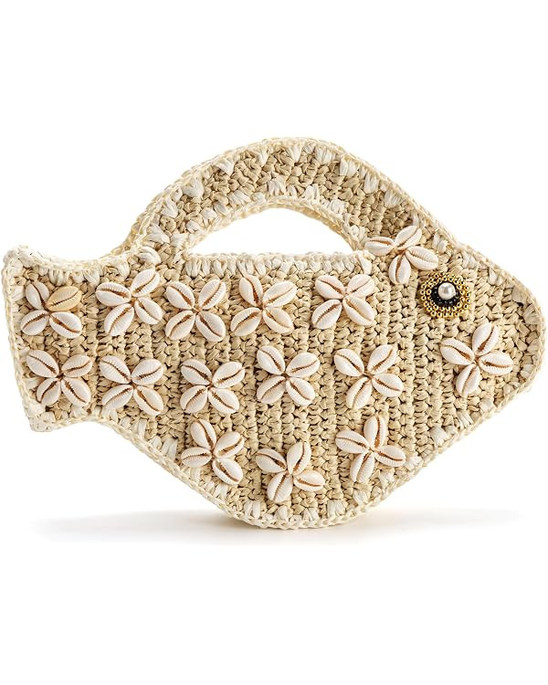 Fish Shaped Straw Handbag Purse for Women Small Shell Clutch Bag | Amazon (US)
