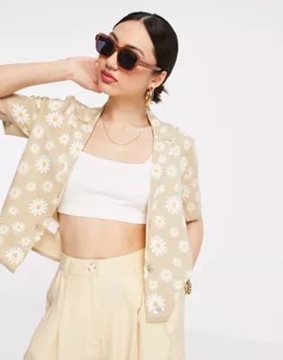 Mango fine knit cardigan with daisy print in light pink | ASOS (Global)