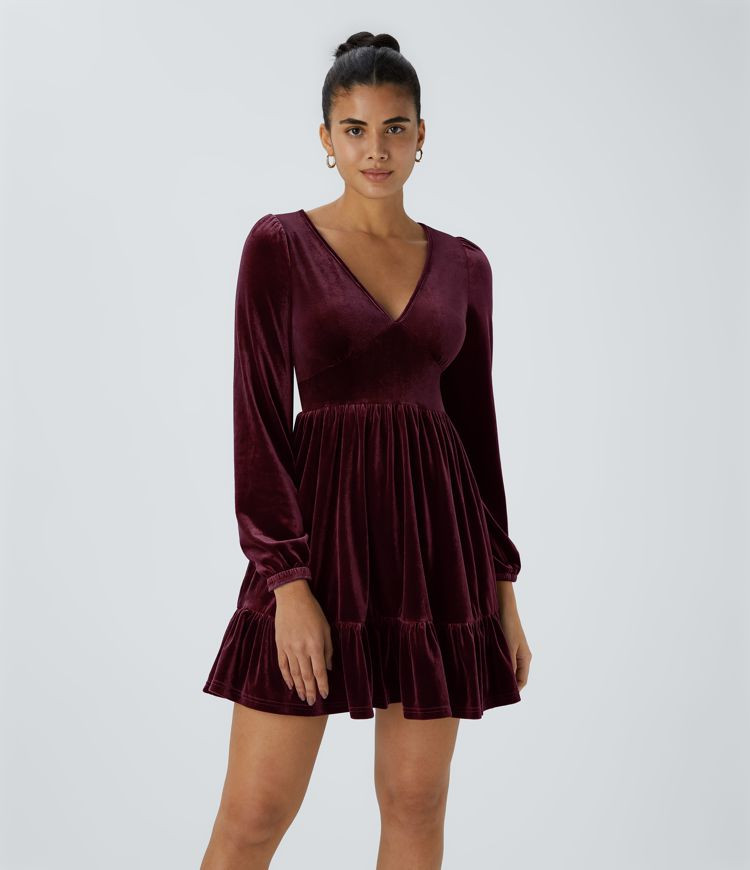 Women’s Everyday Deep V Neck Long Sleeve Ruffled Hem Velvet Mini Chill Dress - Halara | HALARA