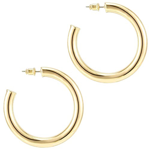 PAVOI 14K Yellow Gold Plated Lightweight Chunky Open Hoops - Gold Earrings for Women - 50mm Thick Infinity Hoops | Amazon (US)