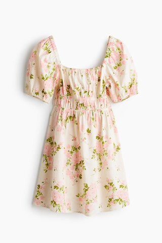 H & M - Puff-Sleeved Poplin Dress - Cream/Pink Floral | H&M (US + CA)