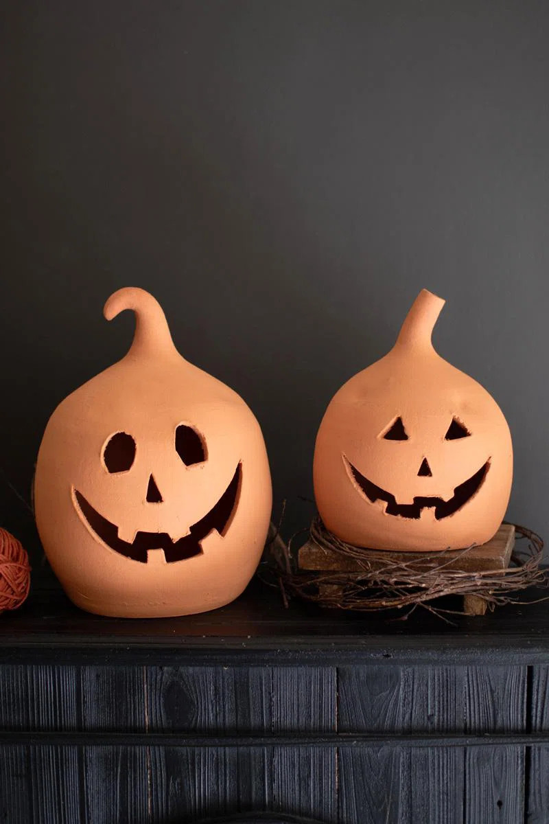 One Allium Way® SET OF TWO  TERRACOTTA CLAY JACK-O-LANTERNS | Wayfair | Wayfair North America