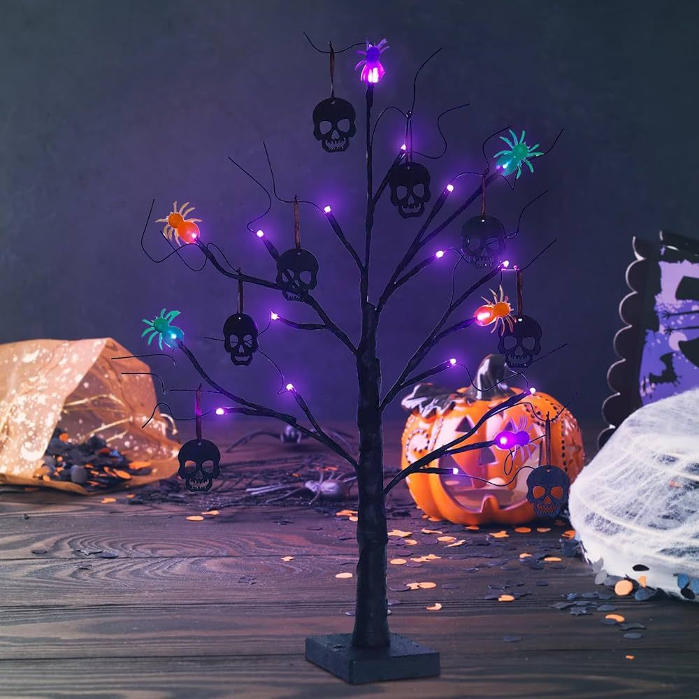 YEAHOME Halloween Decorations Indoor, 24”/2FT Black Scary Halloween Tree with LED Purple Lights... | Amazon (US)