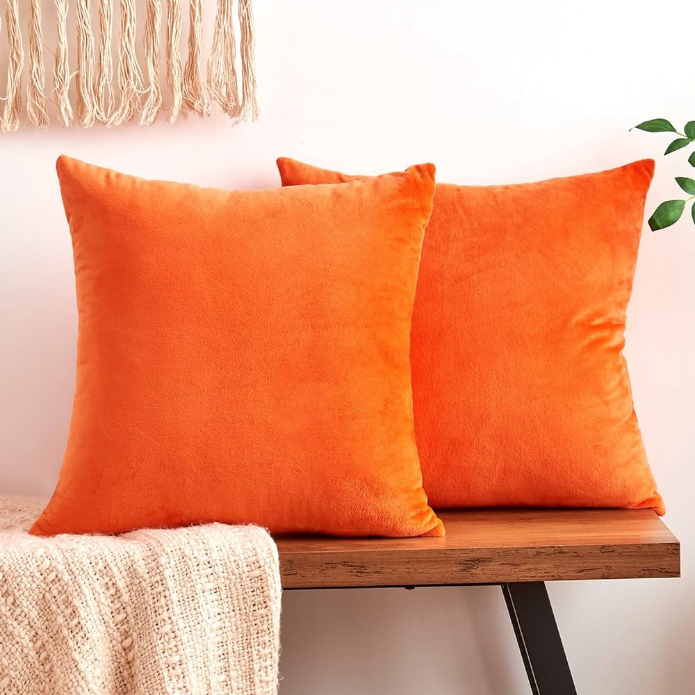 Fall Orange Throw Pillow Covers Decorative Velvet Set of 2 18x18 Inch Pillow Covers, Soft Burnt O... | Amazon (US)