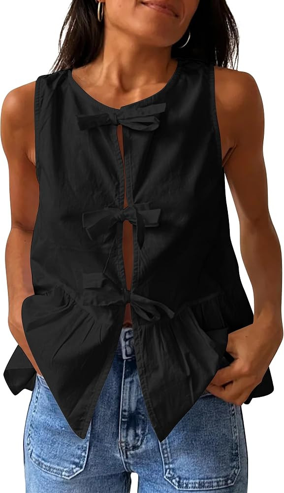 BAIGRAM Women Trendy Bow Tie Front Babydoll Tank Tops Sleeveless Peplum Ruffle Blouse Tie Up Summ... | Amazon (US)