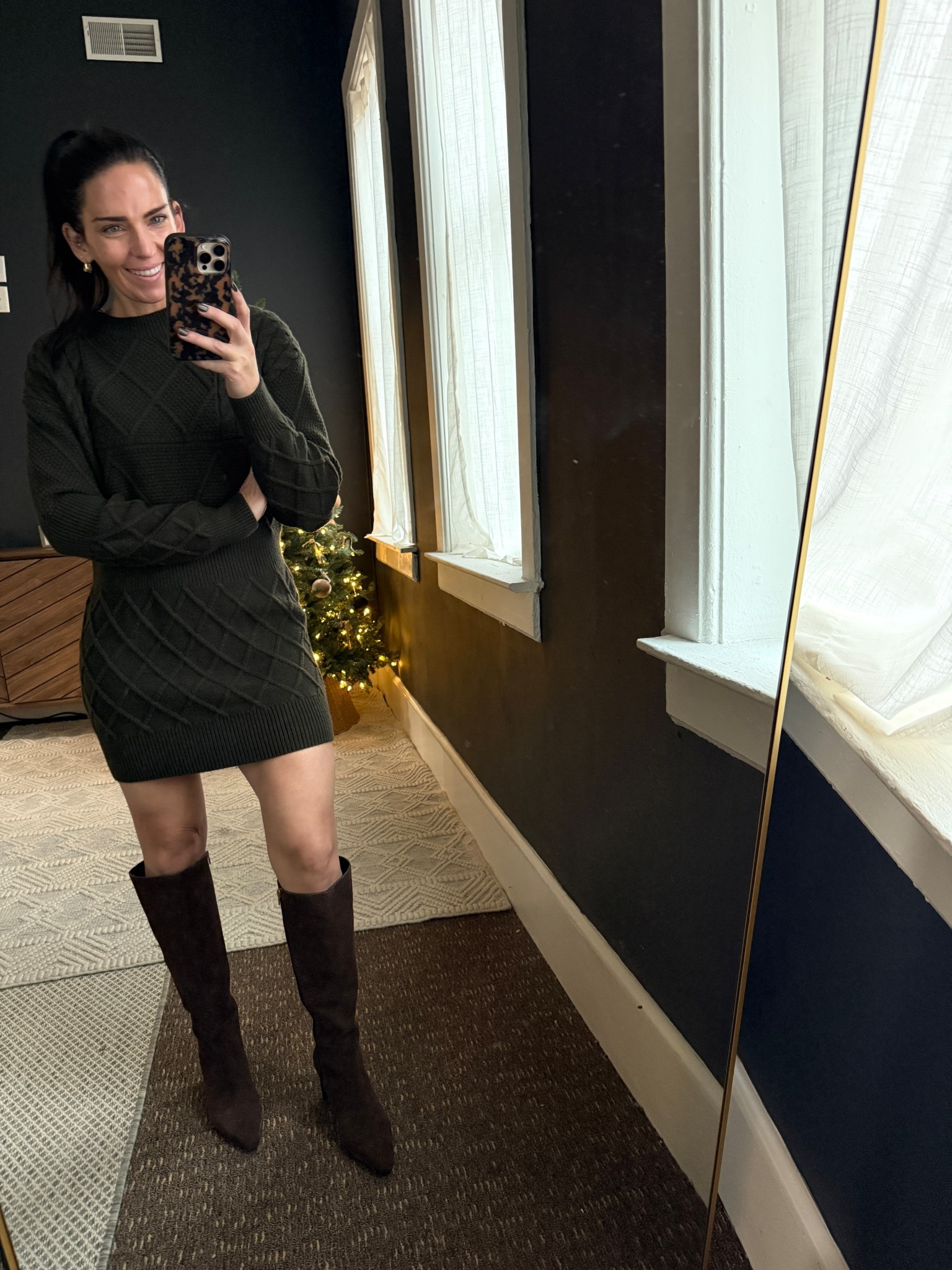 Wide calf friendly boots that match everything. Love how comfortable they are!  Pair with a sweater dress for any holiday gathering this fall/winter. I went TTS on both  