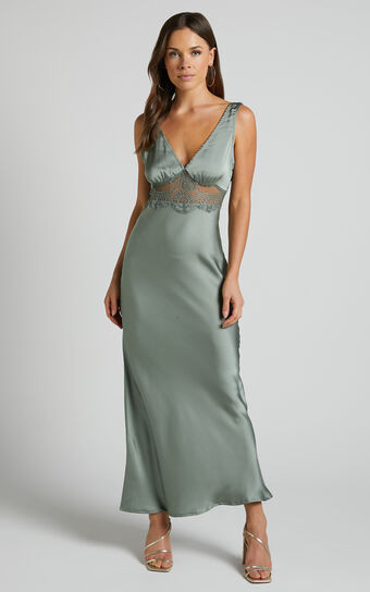 Juliet Midi Dress - V Neck Lace Insert Satin Slip Dress in Olive | Showpo (US, UK & Europe)