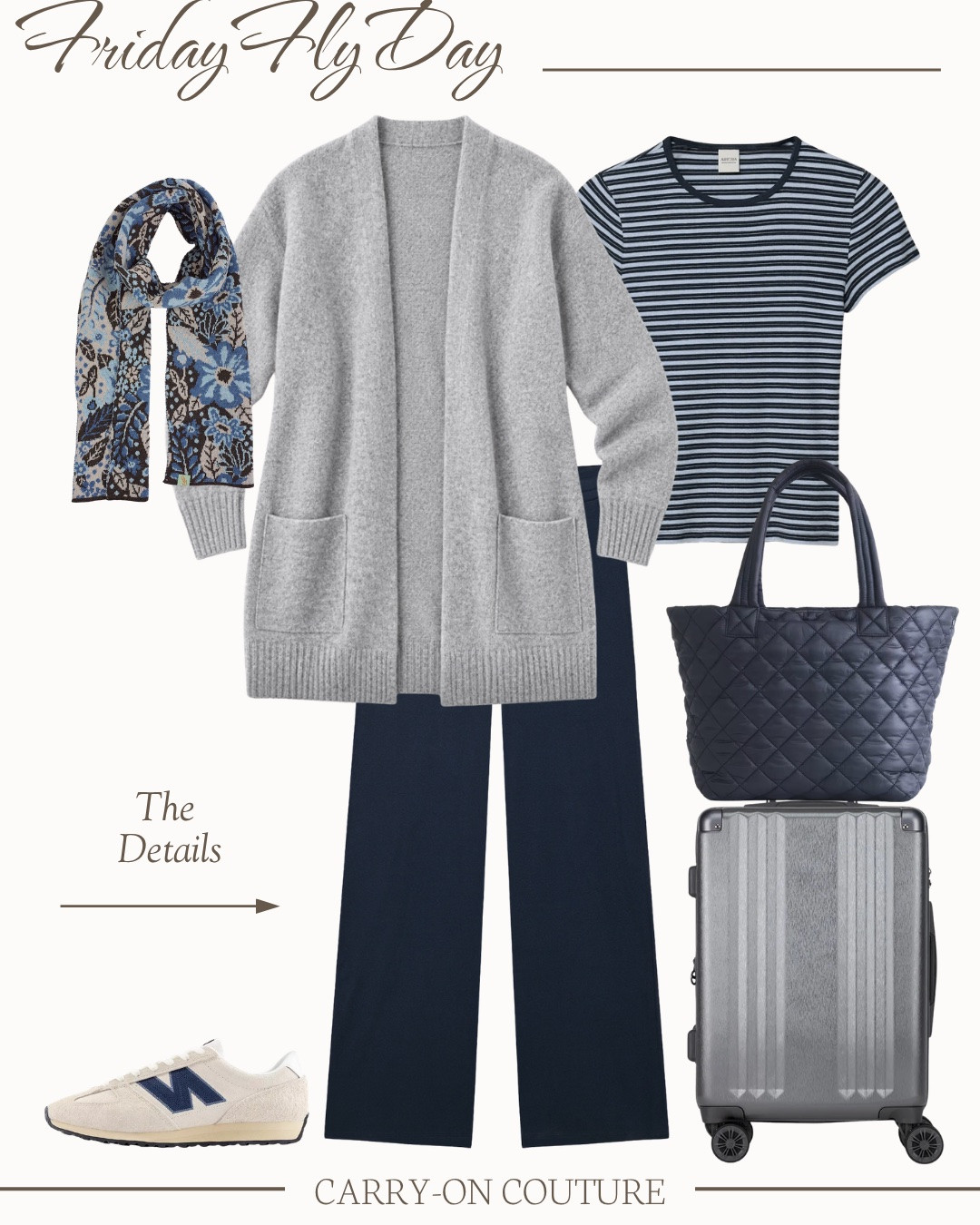 It’s Friday Fly-Day, my favorite day of the week, when we celebrate our love for travel and cute outfits!

A good travel outfit needs to be comfortable, but it also needs to be practical.

My formula: an easy-to-layer base T + a cozy outer layer + comfortable pants + a packable scarf + my bulkiest shoes.
_______________
Hi, I’m Haley.  I created Carry-On Couture to help you curate functional AND beautiful travel capsule wardrobes specifically designed for carry-on travel.  Thank you for being here!

#LTKOver40 #LTKTravel