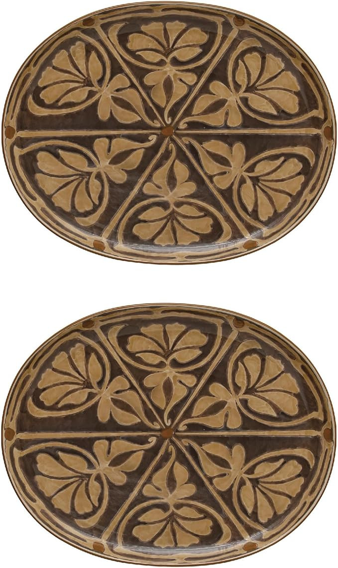 Creative Co-Op Oval Hand Painted Stoneware Plate with Pattern, Brown and Taupe, Set of 2 | Amazon (US)