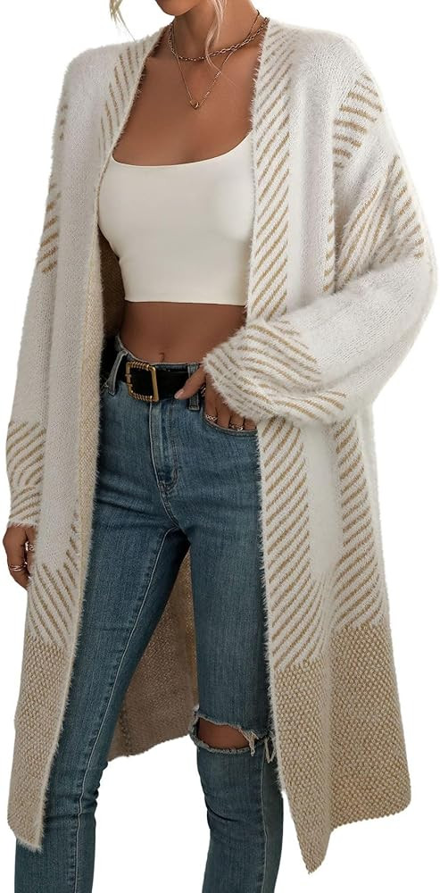 chouyatou Women's Color Block Striped Fuzzy Long Cardigan Sweaters Open Front Diagonal Stripe Kni... | Amazon (US)