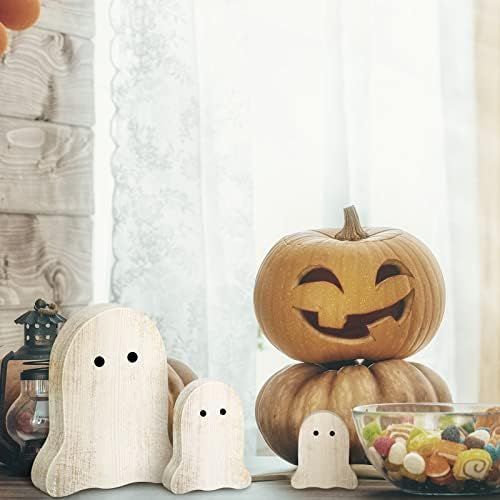 Amazon.com: Qunclay 3 Pcs Halloween Ghost Table Centerpieces Decor Wooden Ghost Shelf Sitters Hau... | Amazon (US)