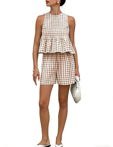 QIBABU Womens 2 Piece Outfits Summer Gingham Plaid Peplum Tank Tops High Waist Shorts Casual Cott... | Amazon (US)