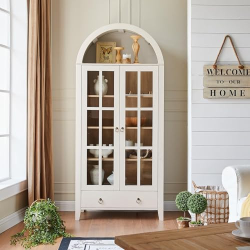 Farmhouse Arched Cabinet with Glass Doors, Wood Display Cabinet with Drawer and Adjustable Shelves, 71” Tall Bookshelf Modern China Storage Kitchen Pantry for Living Room,Office (Antique White) | Amazon (US)