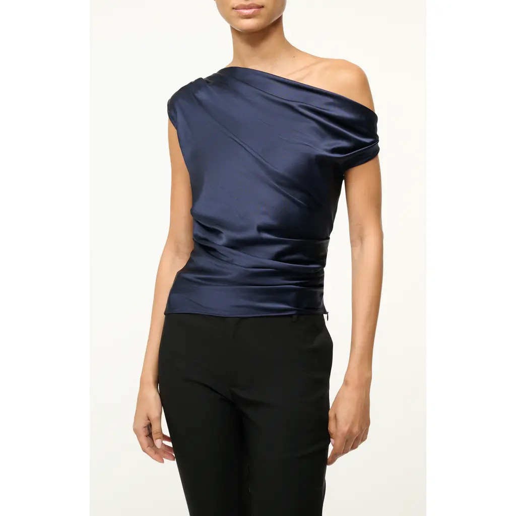 STAUD Phare One-Shoulder Stretch Silk Top in Navy at Nordstrom, Size 12 | Nordstrom