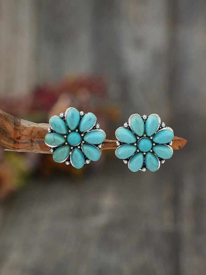 Cross-Border Vintage Western Style Turquoise Earrings, New Alloy Ear Studs With Turquoise Flower ... | SHEIN