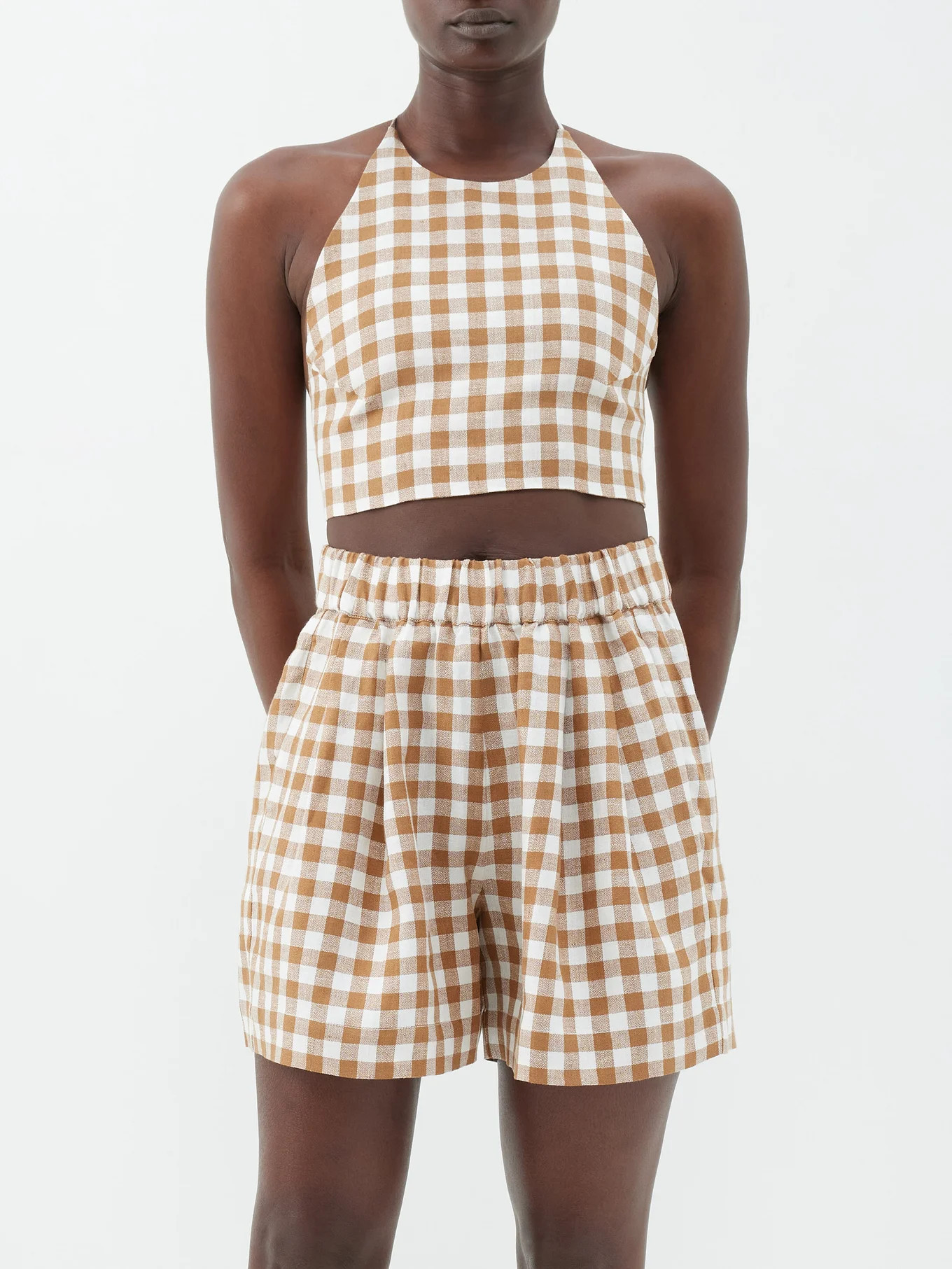 Marseilles halterneck check-linen crop top | Matches (US)