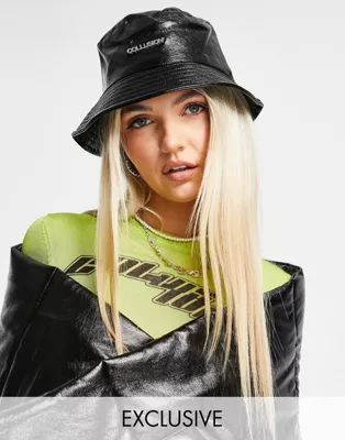 COLLUSION Unisex leather look bucket hat with metal logo trim in black | ASOS | ASOS (Global)