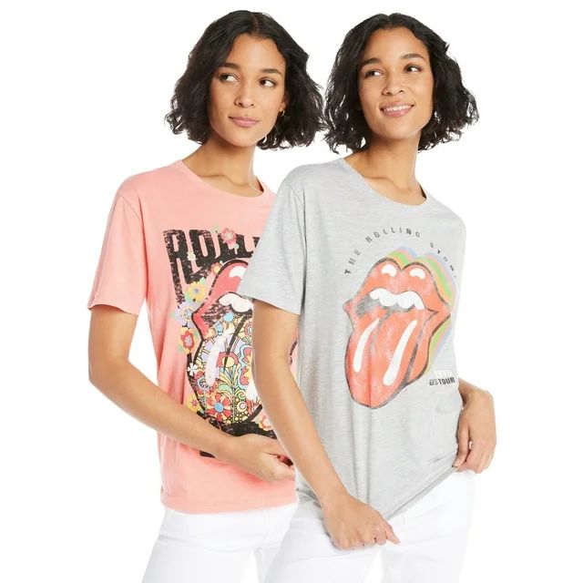 Time and Tru Women’s Rolling Stones Graphic Tee with Short Sleeves, 2-Pack, Sizes XS-XXXL | Walmart (US)