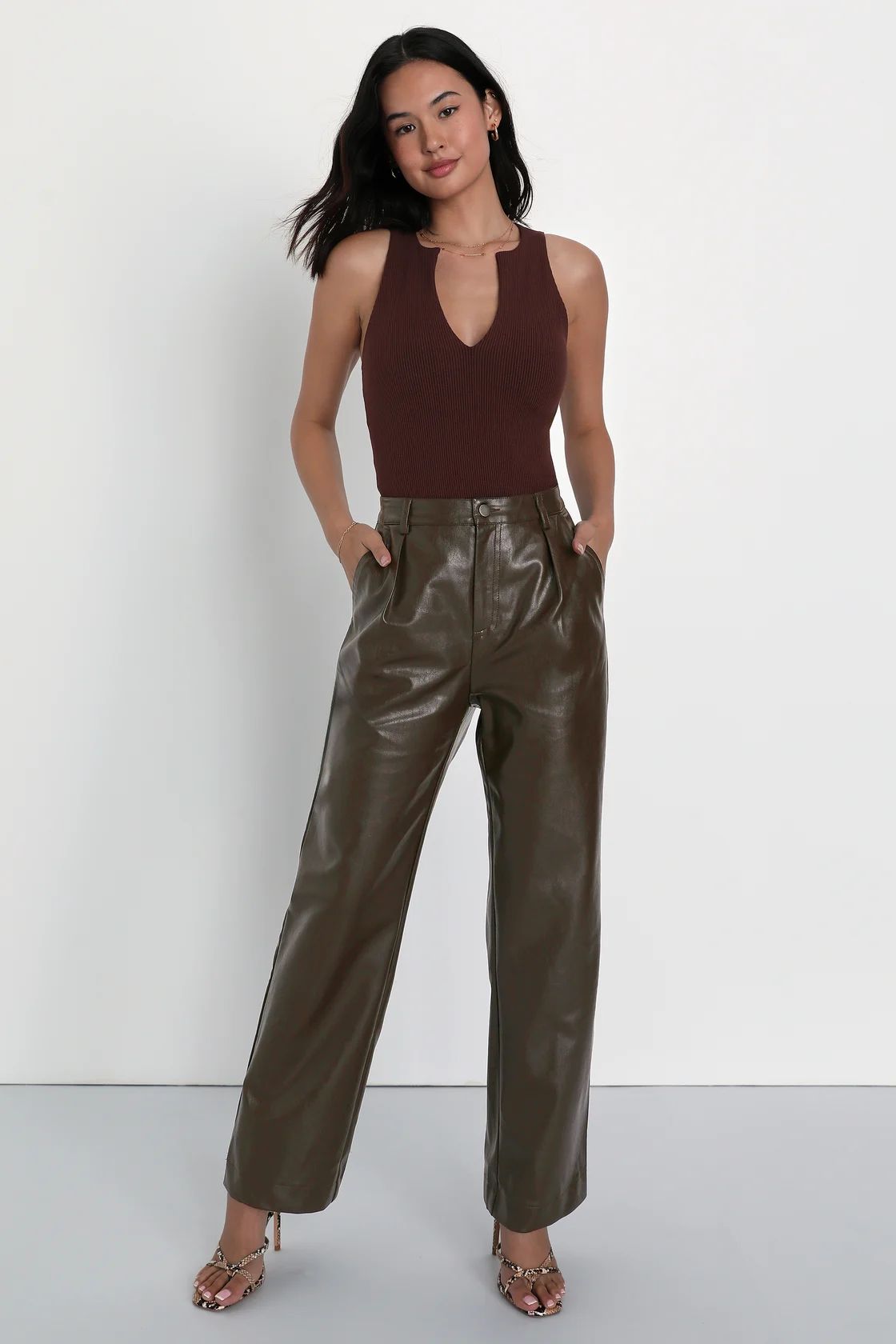 Check Your Vibe Dark Brown Vegan Leather High Rise Pants | Lulus (US)