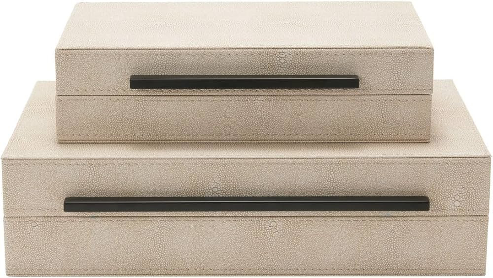Sagala Set of 2 Ivory Shagreen Decorative Boxes With Black Metal Handles, Faux Leather Jewelry Bo... | Amazon (US)