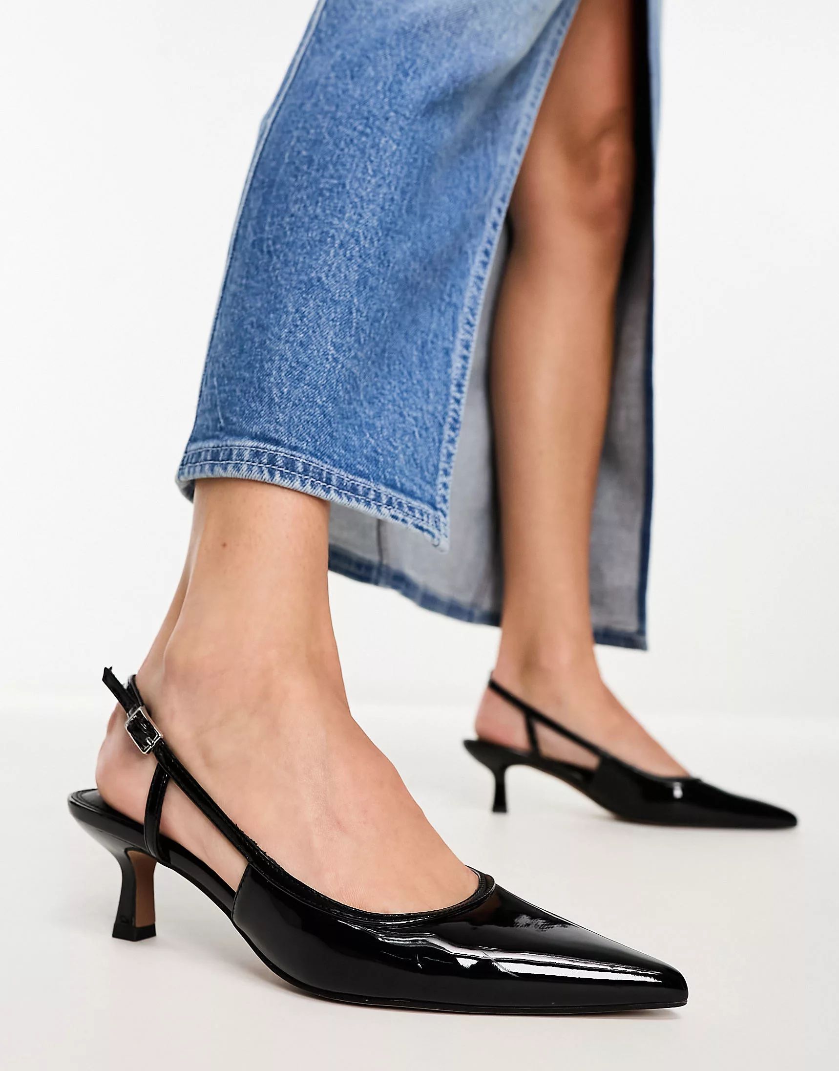 ASOS DESIGN Strut slingback mid heeled shoes in black patent | ASOS (Global)