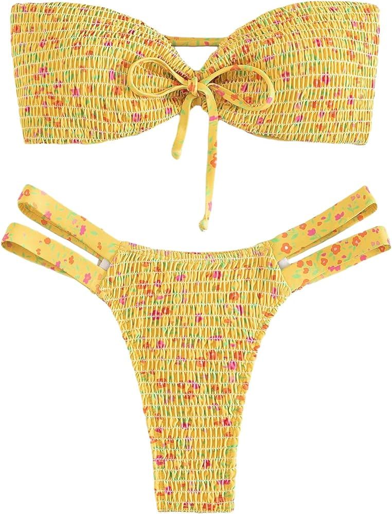MakeMeChic Women's 2 Piece Bandeau Swimsuit Floral Print Strapless Knot Front High Cut Bikini Set... | Amazon (US)
