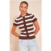 White Stripe Knit Polo Top | PrettyLittleThing UK