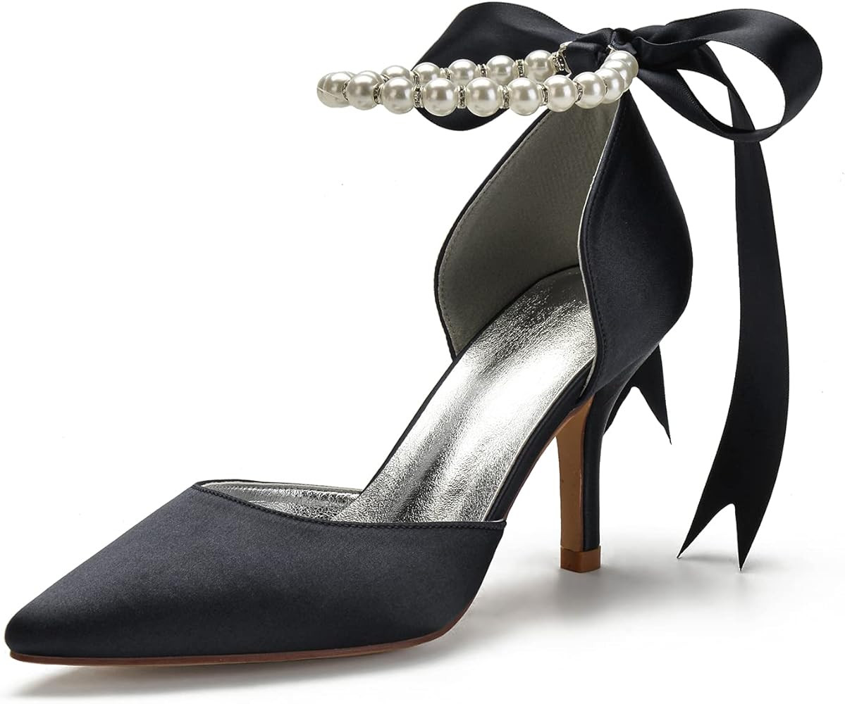 Women's Pearl White Wedding Shoes for Bride High Heels Pointed Toe Bridal Shoes Satin Prom Party Dre | Amazon (US)