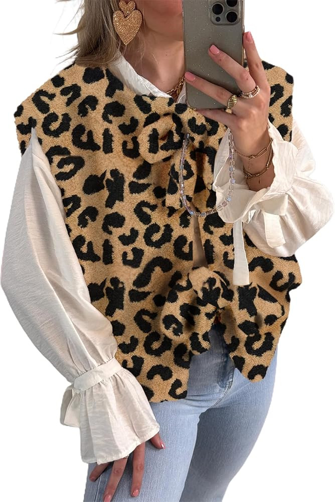 YEMOCILE Leopard Print Tie Front Fuzzy Fleece Vest for Women Oversized Sleeveless Sherpa Jacket L... | Amazon (US)